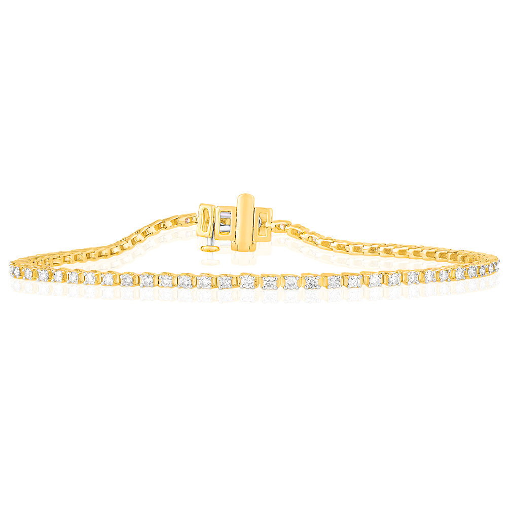 9ct Yellow Gold 1 Carat Diamond Tennis Bracelet set with 68 Brilliant Diamonds 17.5cm