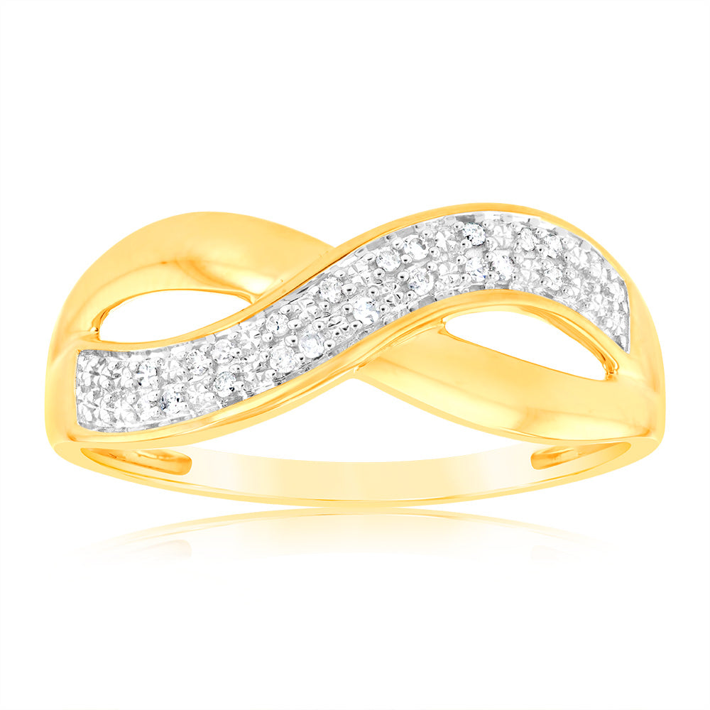 9ct Yellow Gold Diamond Cross Over Ring with 20 Briliiant Diamonds