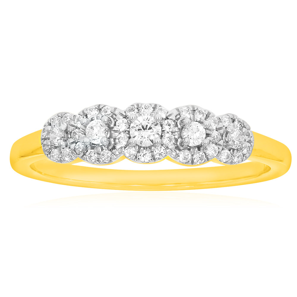 9ct Yellow Gold Diamond Ring with 5 Briliiant Diamonds surrounded by Diamond Halos