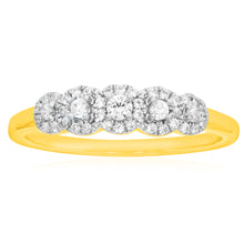Load image into Gallery viewer, 9ct Yellow Gold Diamond Ring with 5 Briliiant Diamonds surrounded by Diamond Halos