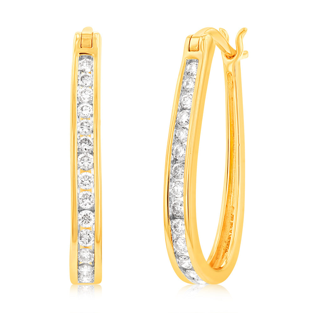 9ct Yellow Gold 1/2 Carat Chanel Set Hoop Earrings with 28 Brilliant Diamonds