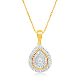 9ct Yellow Gold 1 Carat Diamond Pear Shape Pendant with 62 Diamonds on 9ct 45cm Chain
