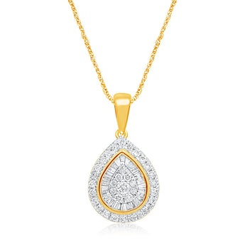 9ct Yellow Gold 1 Carat Diamond Pear Shape Pendant with 62 Diamonds on 9ct 45cm Chain