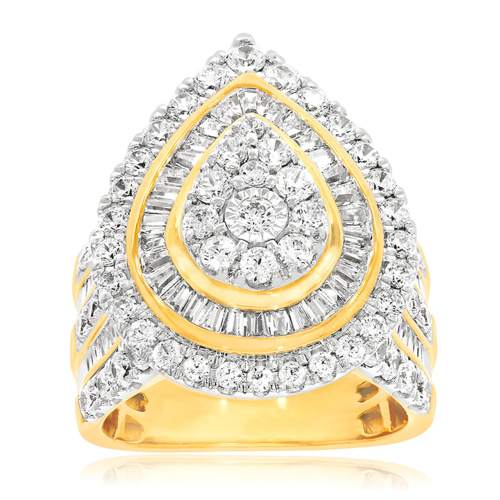 9ct Yellow Gold 3 Carat Diamond Ring with Brilliant Cut and Tapered Baguette Diamonds