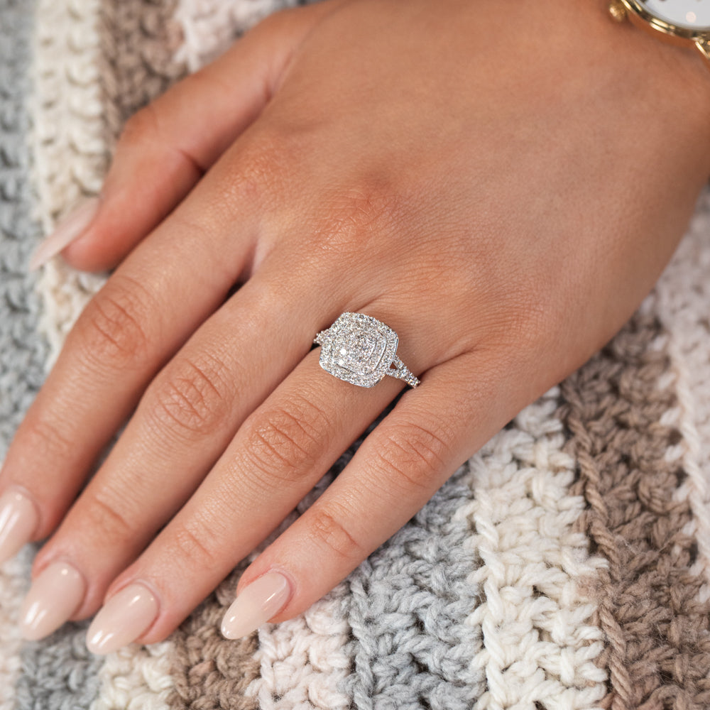 9ct white gold diamond cluster cushion shape ring Clearance