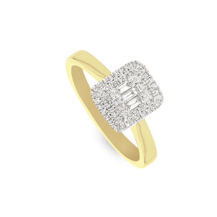 0.25ct Baguette & Round Duchess Halo Ring in 9ct Gold