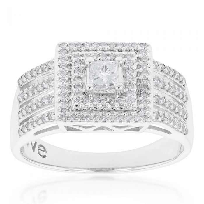 9ct White Gold 0.90 Carat Diamond Halo Ring with Princess and Brilliant Cut Diamonds
