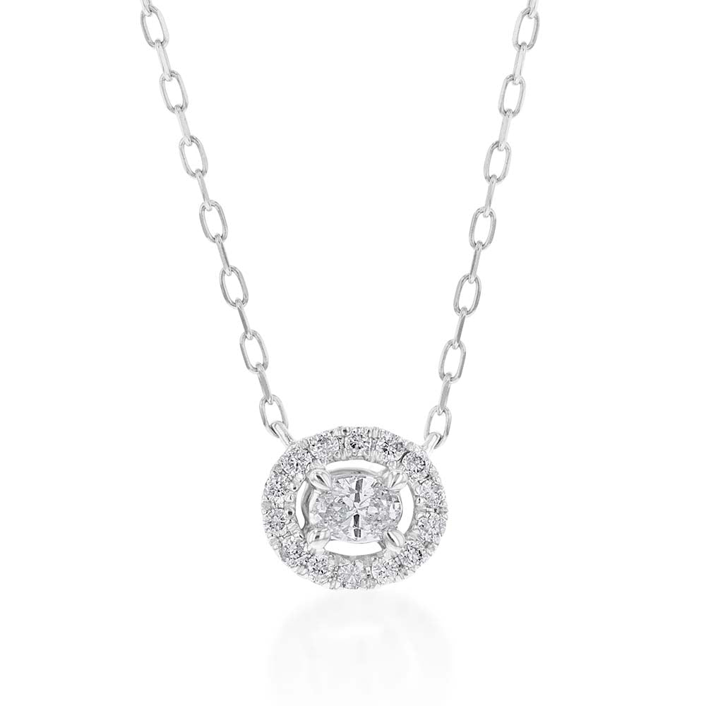10ct White Gold Oval Diamond Halo Pendant Totalling 10-14 Points on Adjustable Chain