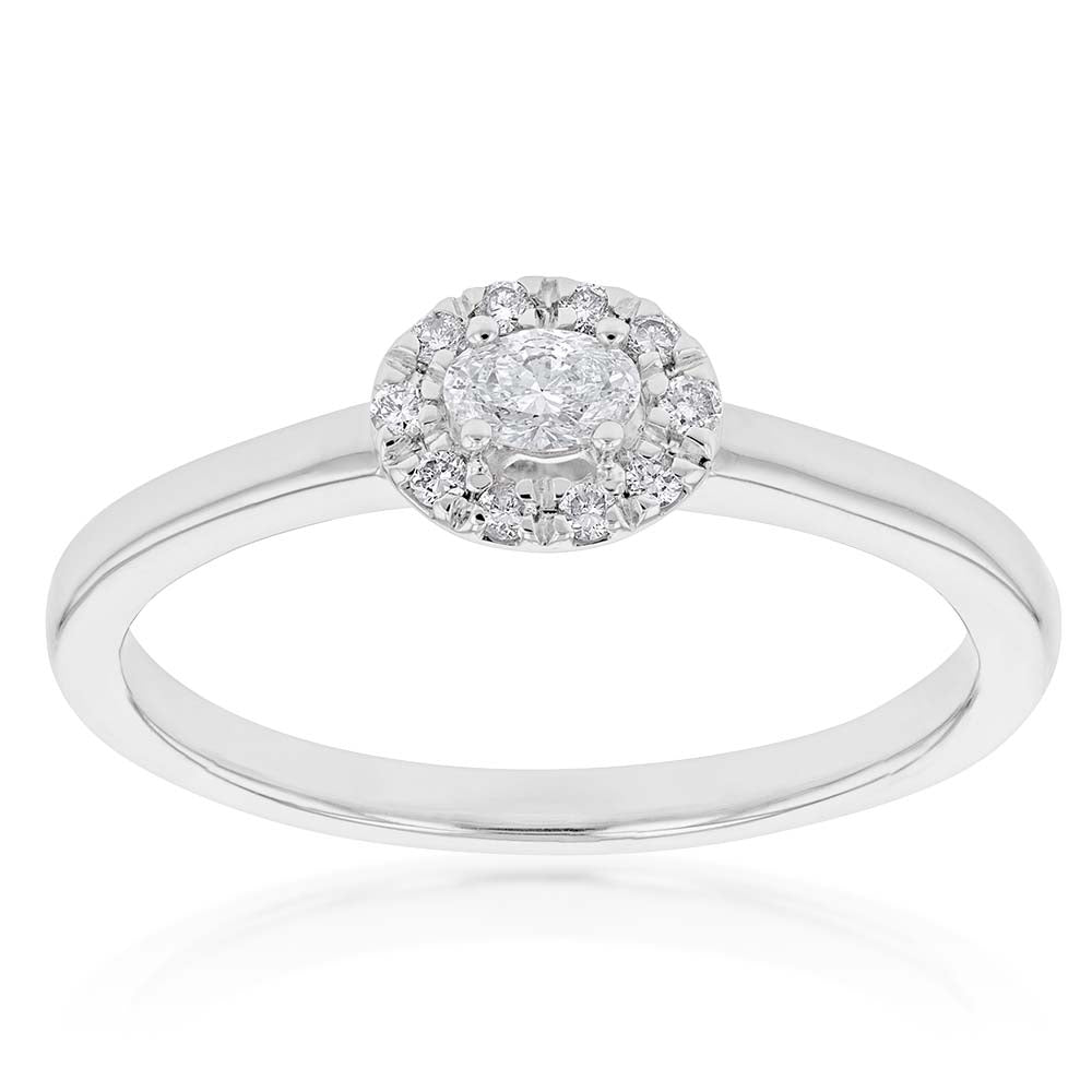 10ct White Gold 1/6 Carat Diamond Ring with Oval Centre and Halo