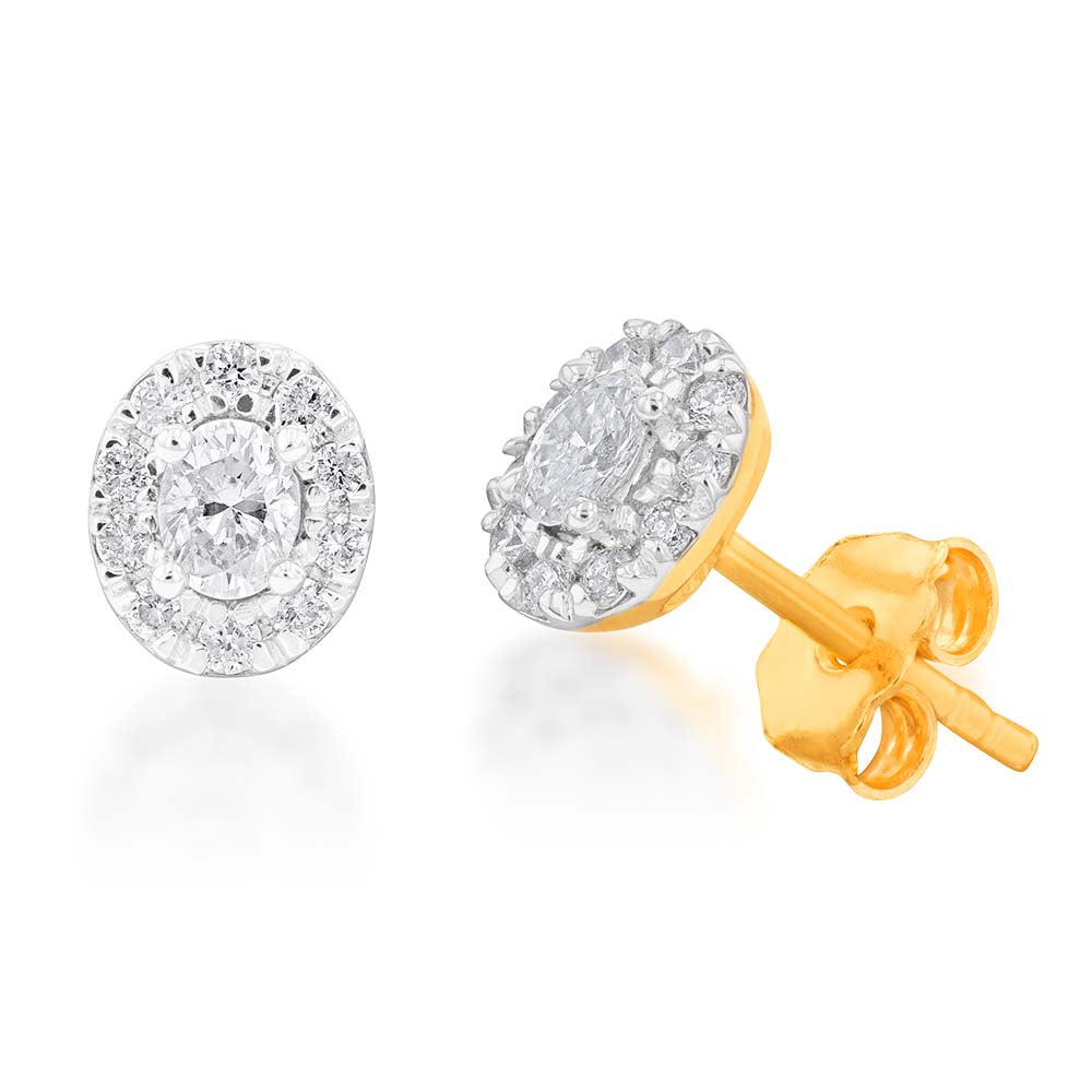 10ct 25pt Diamond Stud Earrings with Oval Centre Diamond and Halo