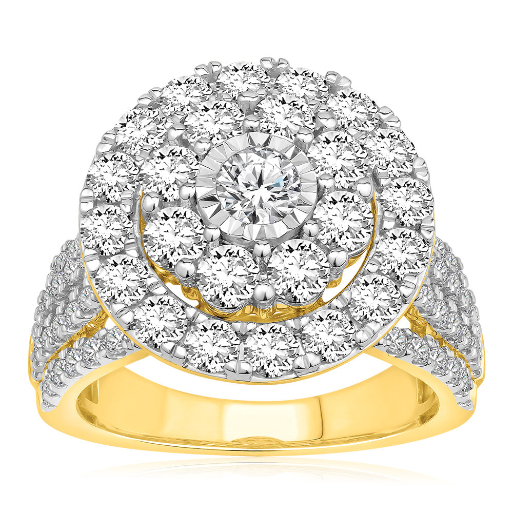 9ct Yellow Gold 3 Carat Diamond Round Cluster Ring