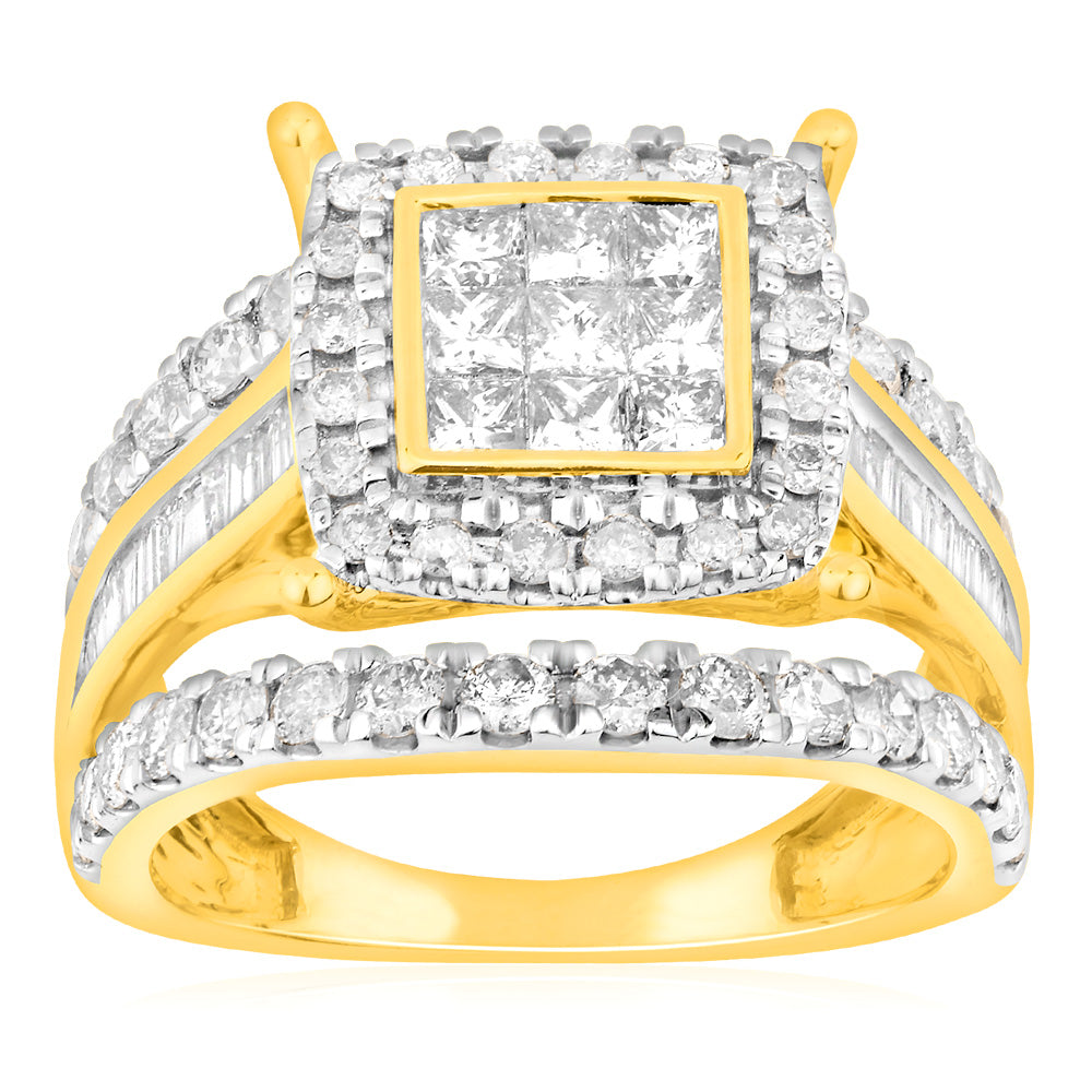 9ct Yellow Gold 2 Carat Diamond Cushion Shape Cluster Ring