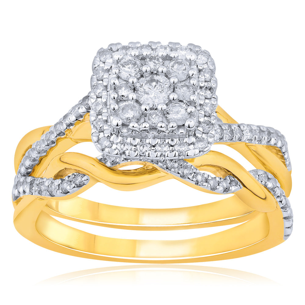 9ct Yellow Gold 1/2 Carat Diamond Bridal 2-Ring Set with Cushion Shape Cluster