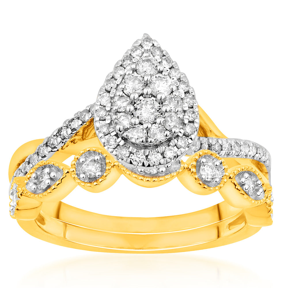 9ct Yellow Gold 1/2 Carat Diamond Bridal 2-Ring Set with Pear Shape Cluster