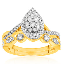 Load image into Gallery viewer, 9ct Yellow Gold 1/2 Carat Diamond Bridal 2-Ring Set with Pear Shape Cluster