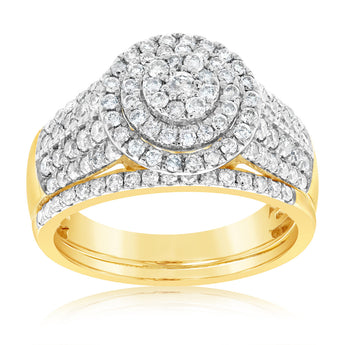 9ct Yellow Gold 1 Carat  Diamond Round Shape Cluster Bridal 2-Ring Set