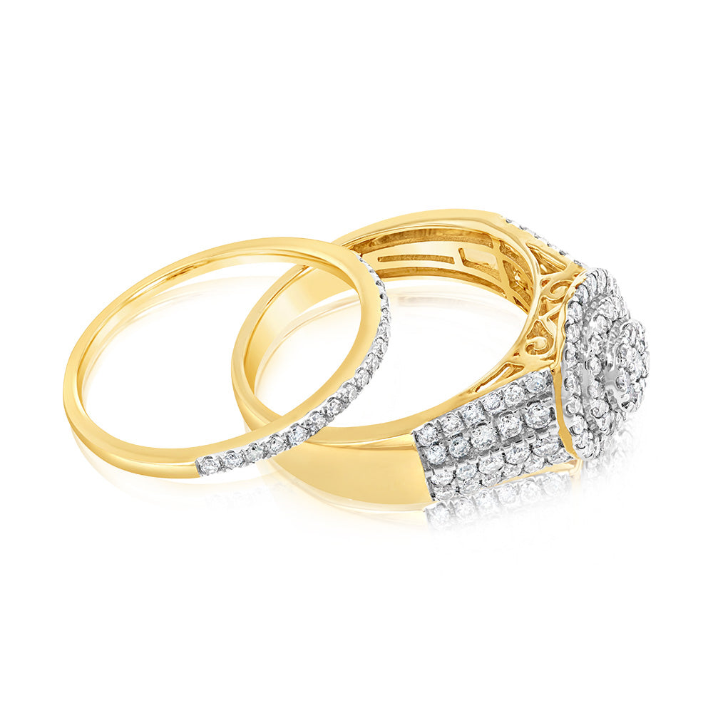 9ct Yellow Gold 1 Carat  Diamond Round Shape Cluster Bridal 2-Ring Set