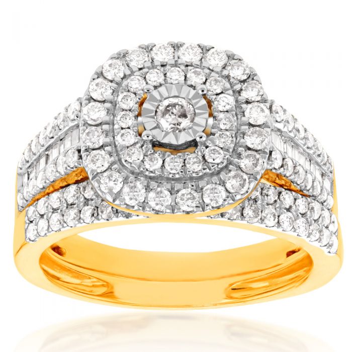 9ct Yellow Gold 1 Carat  Diamond Cushion Shape Cluster Bridal 2-Ring Set