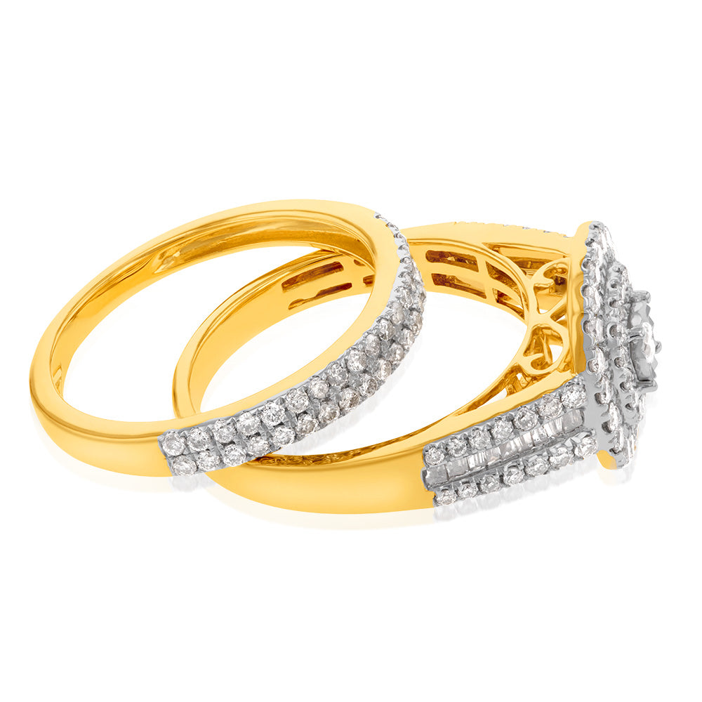 9ct Yellow Gold 1 Carat  Diamond Cushion Shape Cluster Bridal 2-Ring Set