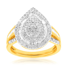 Load image into Gallery viewer, 9ct Yellow Gold 1 Carat  Diamond Pear Shape Cluster Bridal 2-Ring Set