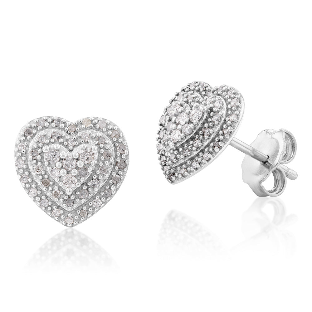 Sterling Silver 1/2 Carat Diamond Pendant and Earring Heart Shape Set