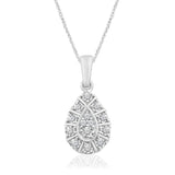 9ct White Gold Pear Shape Cluster Diamond Pendant On 45cm Chain