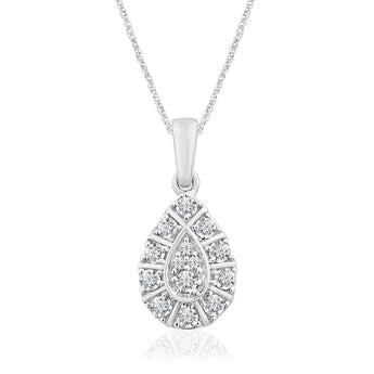 9ct White Gold Pear Shape Cluster Diamond Pendant On 45cm Chain