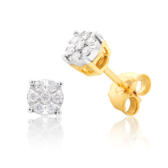 9ct Yellow Gold Diamond Stud Earrings With 14 Brilliant Diamonds