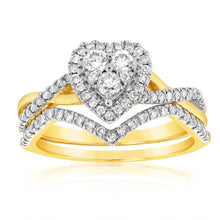 Load image into Gallery viewer, 9ct Yellow Gold 1/2 Carat Diamond Bridal 2-Ring Set with Heart Shape Cluster