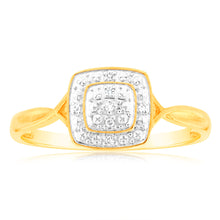 Load image into Gallery viewer, 9ct Yellow Gold Diamond Cushion Shape Cluster Ring With 7 Brilliant Cut Diamonds