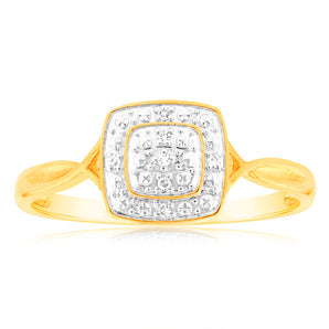 9ct Yellow Gold Diamond Cushion Shape Cluster Ring With 7 Brilliant Cut Diamonds