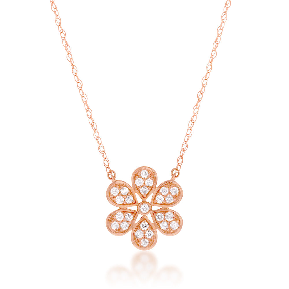 10ct Rose Gold Diamond Flower Pendant With 25 Brilliant Diamonds On 46cm Chain