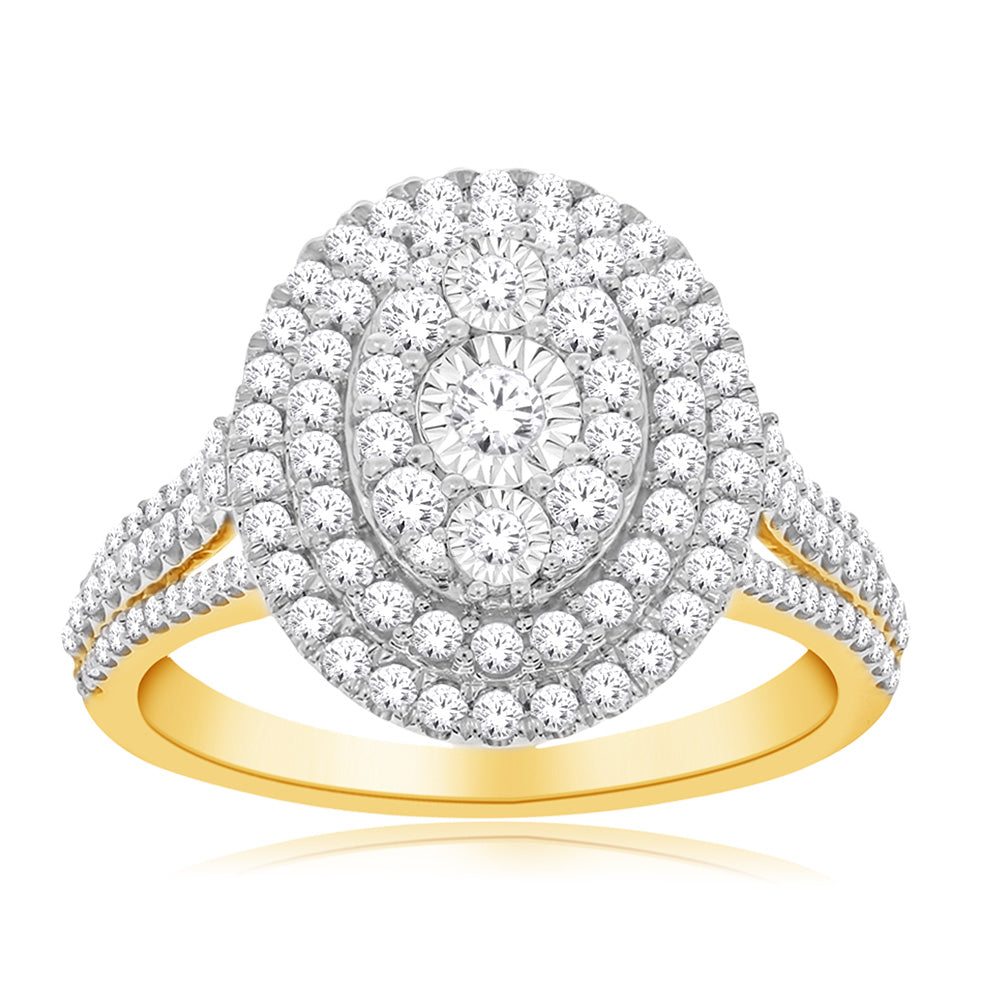 10ct Yellow Gold 1 Carat Diamond Oval Cluster Ring