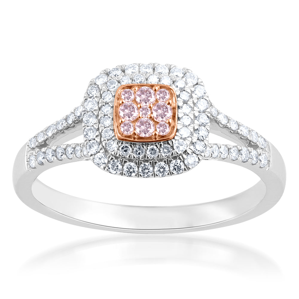 9ct White and Rose Gold 1/2 Carat Diamond Halo Ring With Pink Argyle Diamonds