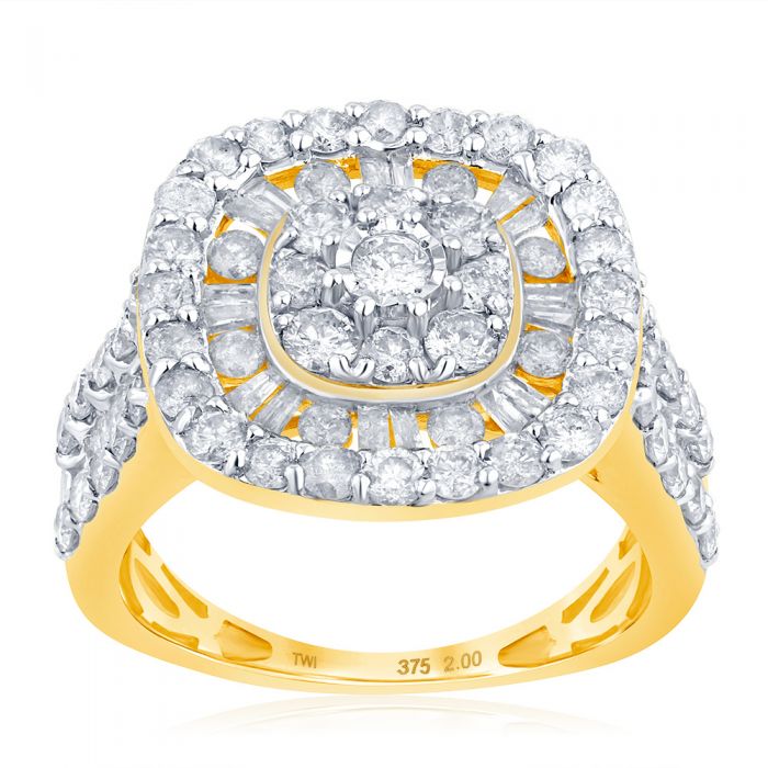 9ct Yellow Gold 2 Carat Diamond Cluster Ring