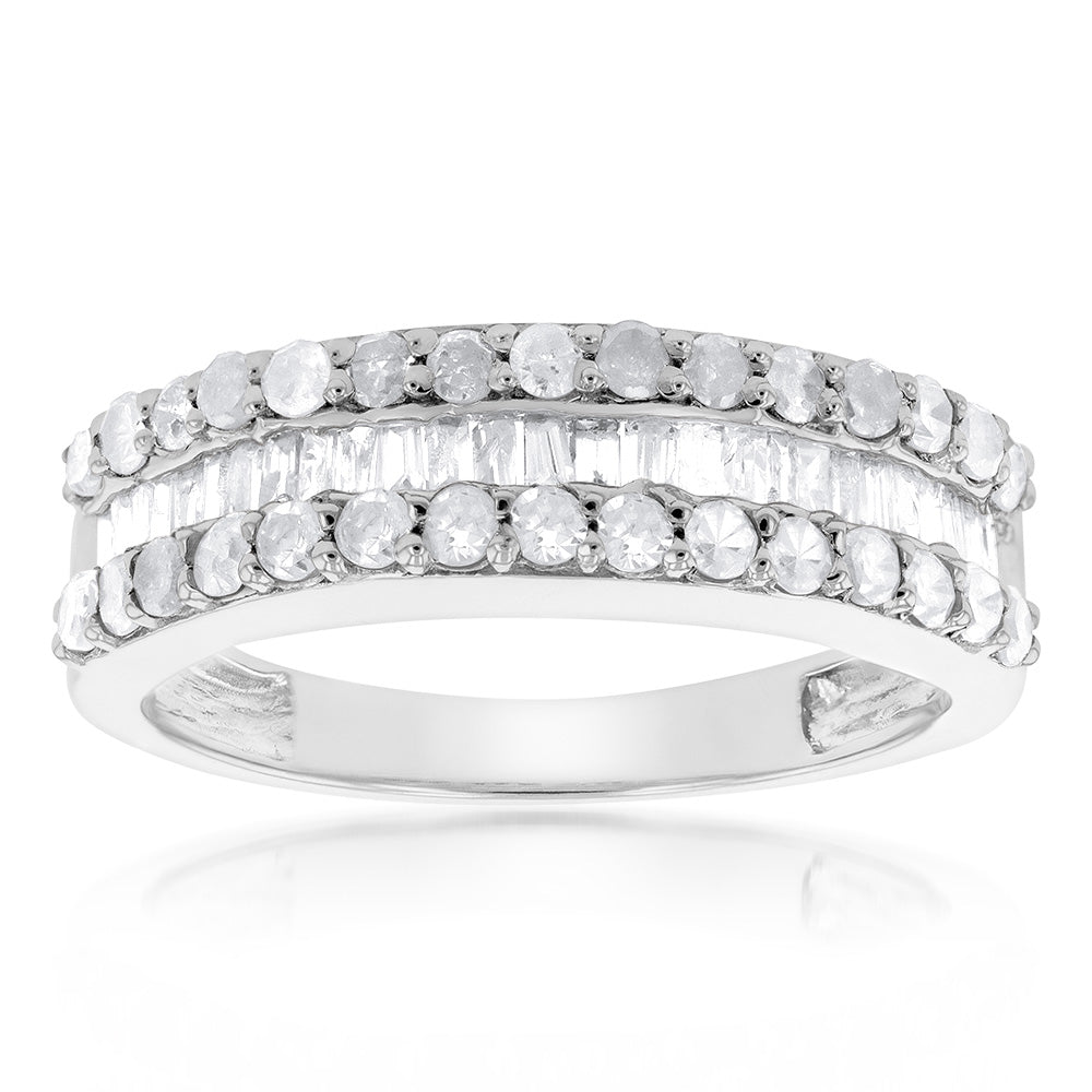Sterling Silver 1.1 Carat Diamond Ring with Round Brilliant Cut and Baguette Diamonds