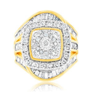 9ct Yellow Gold "3 Carats Look" TW 2 Carat Diamond Ring with Brilliant and Tapered Baguette Diamonds