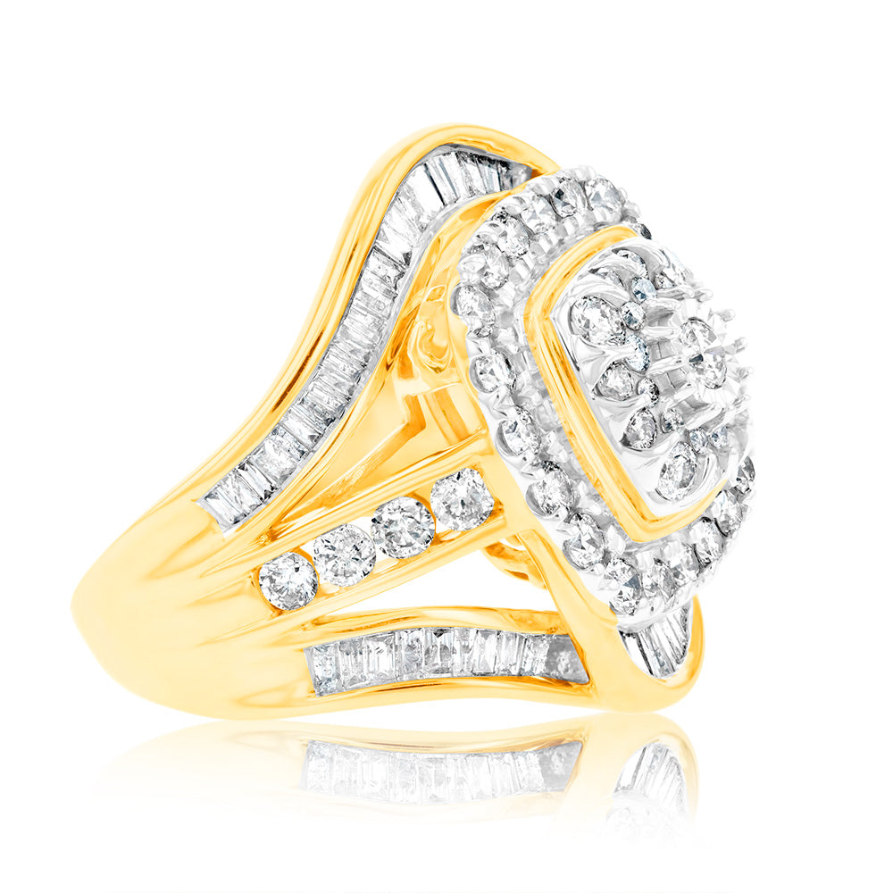 9ct Yellow Gold 2 Carat Diamond Ring with Brilliant and Tapered Baguette Diamonds