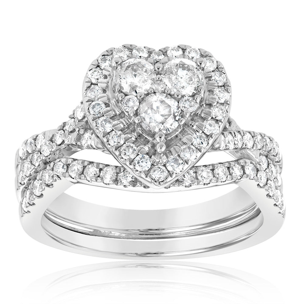 9ct White Gold 1 Carat Cluster Heart Diamond Bridal Set Ring