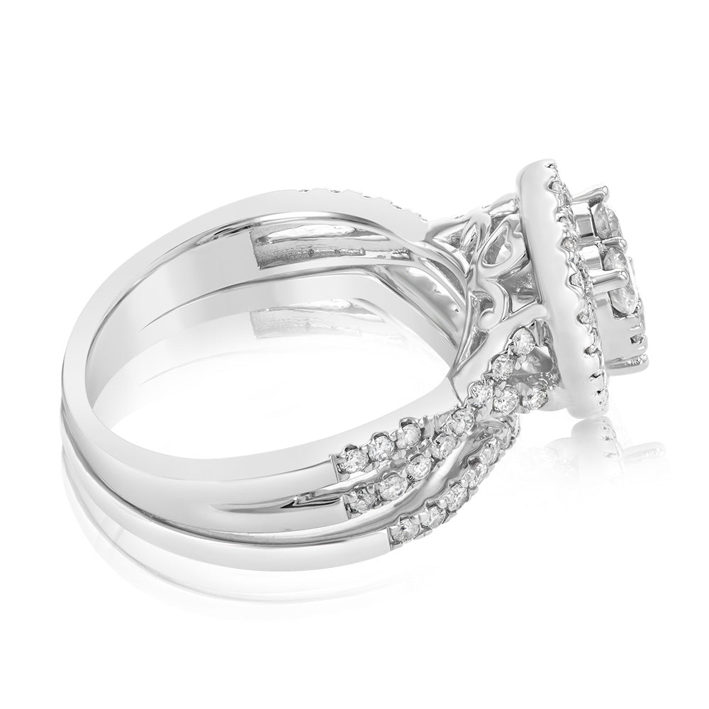9ct White Gold 1 Carat Cluster Heart Diamond Bridal Set Ring