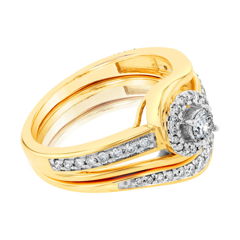 9ct Yellow Gold 1/2 Carat Diamond Bridal Set Ring with Halo Setting