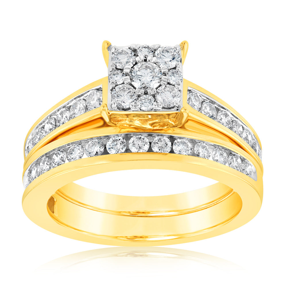 9ct Yellow Gold 1 Carat Diamond Bridal Set Ring with Halo Setting