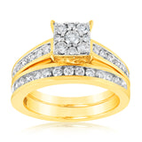 9ct Yellow Gold 1 Carat Diamond Bridal Set Ring with Halo Setting