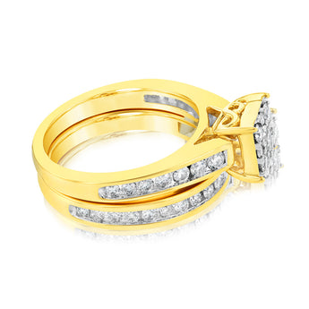 9ct Yellow Gold 1 Carat Diamond Bridal Set Ring with Halo Setting