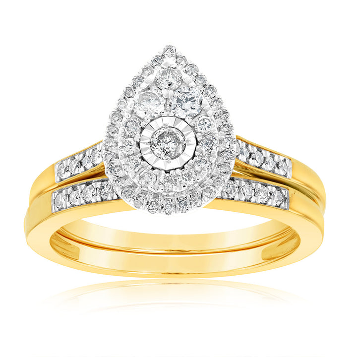 9ct Yellow Gold 1/2 Carat Cluster Diamond Bridal Set Ring