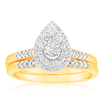 9ct Yellow Gold 1/2 Carat Cluster Diamond Bridal Set Ring