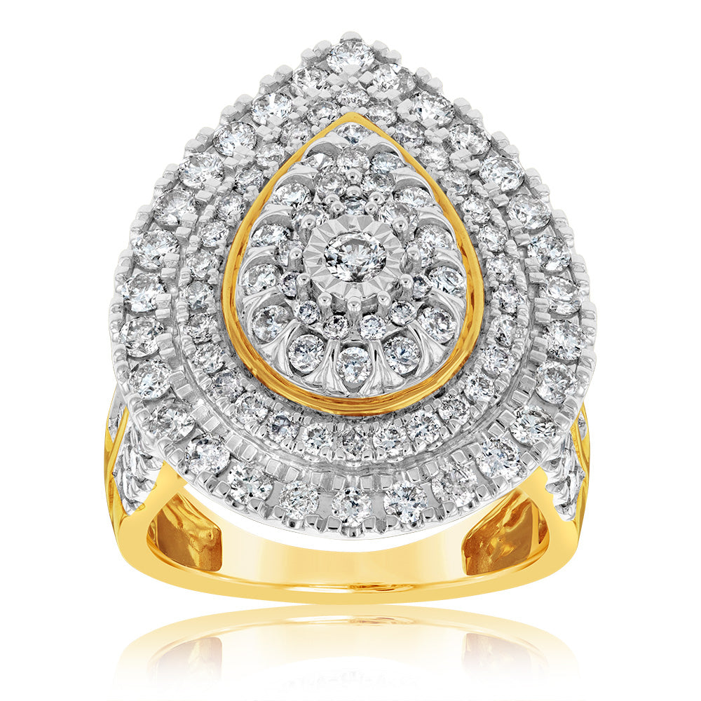 9ct Yellow Gold 2 Carat Diamond Ring with Brilliant and Tapered Baguette Diamonds