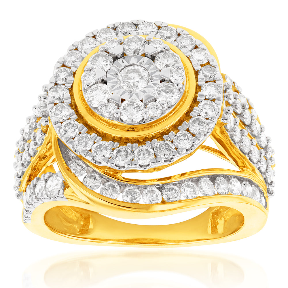 9ct Yellow Gold 2 Carat Diamond Ring with Brilliant Cut Diamonds