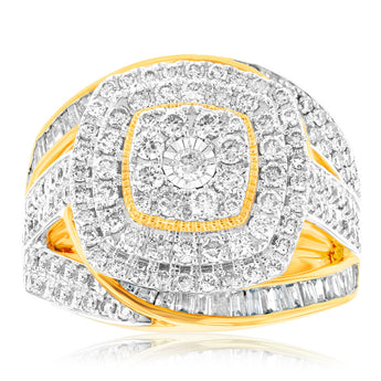 9ct Yellow Gold 2 Carat Diamond Dress Ring with Brilliant and Baguette Diamonds