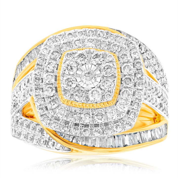 9ct Yellow Gold 2 Carat Diamond Dress Ring with Brilliant and Baguette Diamonds